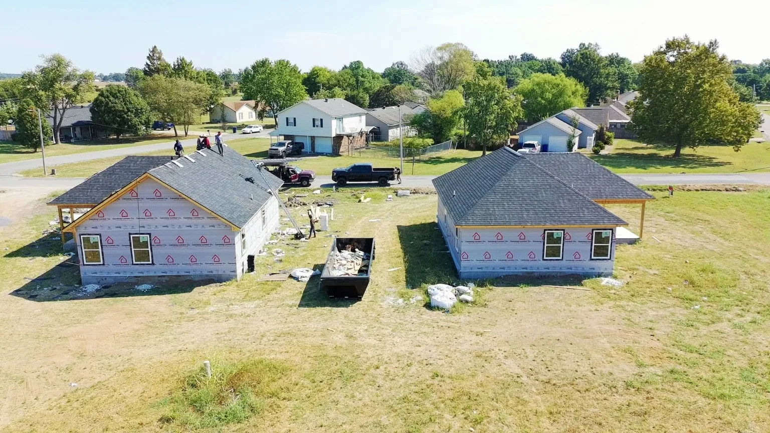 Two houses under construction viewed from above