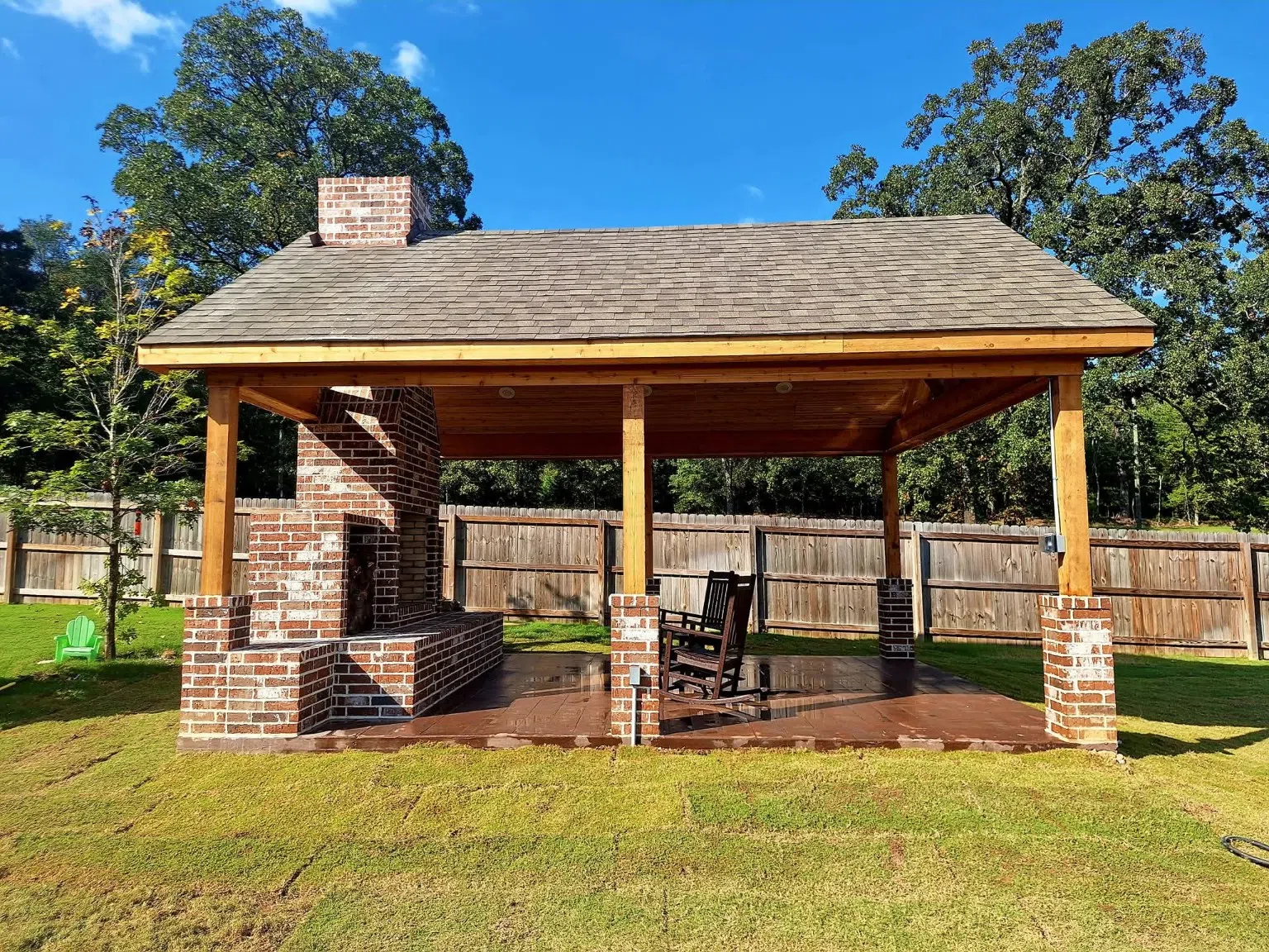 Front elevation of covered pavilion and fireplace